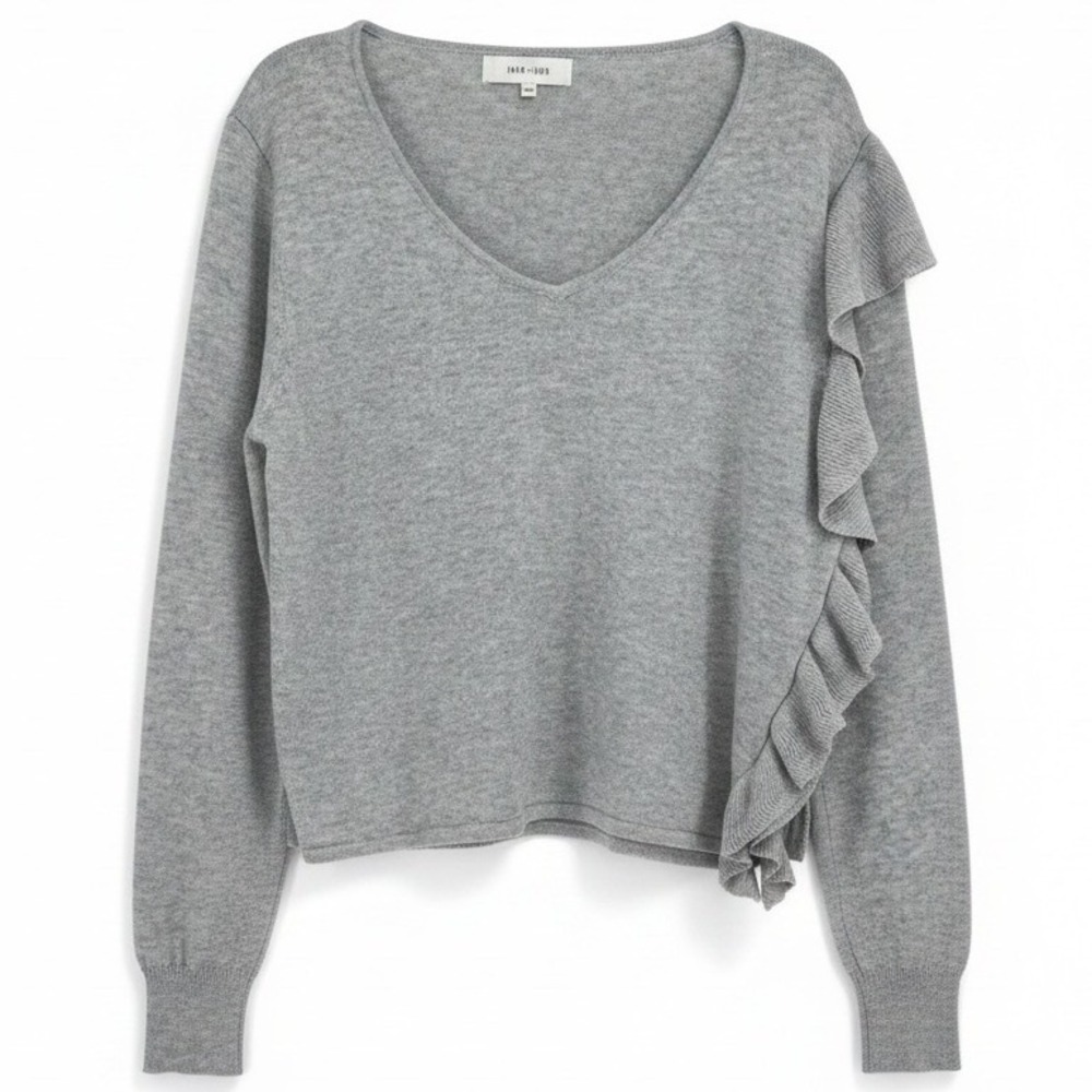 John+Jenn Heather Gray V-Neck Side Ruffle Lightweight Sweater M Cozy EUC